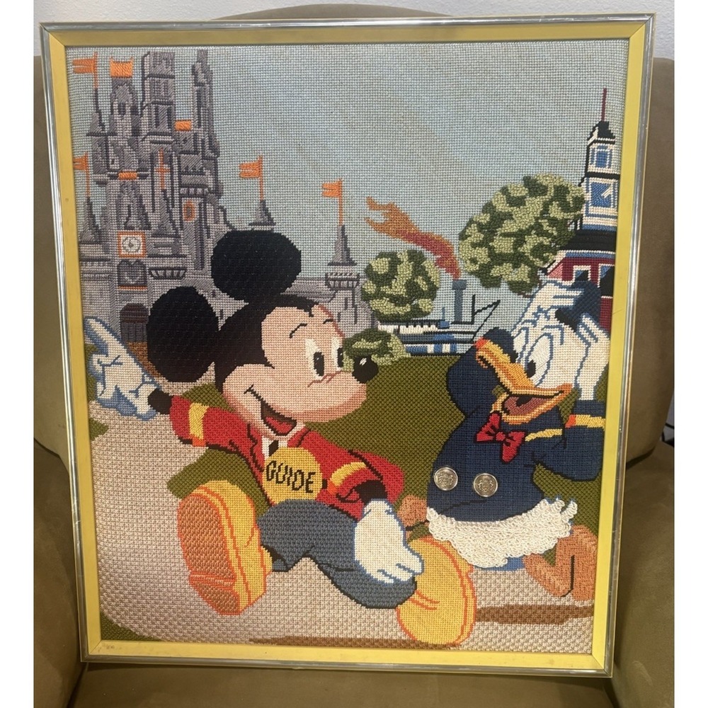 VTG Disney Needlepoint Framed Mickey Mouse Donald Duck Cinderella Castle Art